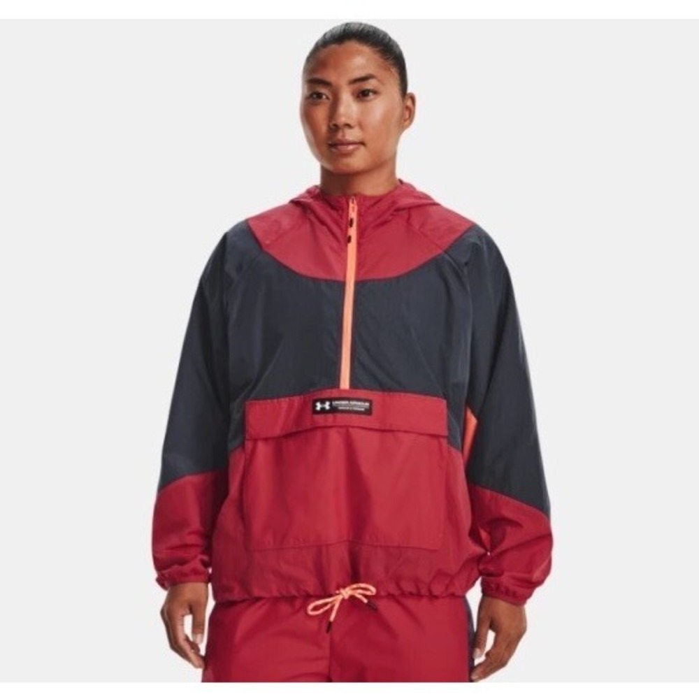 UNDER ARMOUR Rush Anorak Woven 1/2 Zip Hooded Jacket Red Women's Sz M *NEW* $140